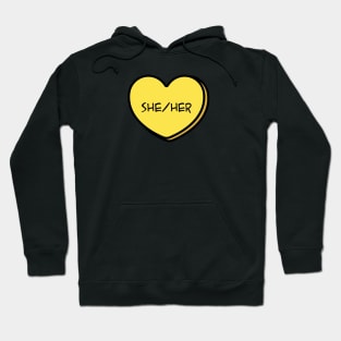 Pronoun She/Her Conversation Heart in Yellow Hoodie